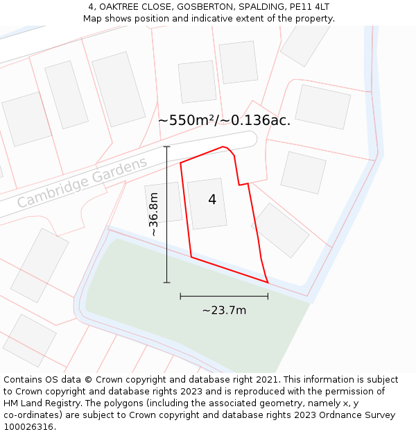 4, OAKTREE CLOSE, GOSBERTON, SPALDING, PE11 4LT: Plot and title map