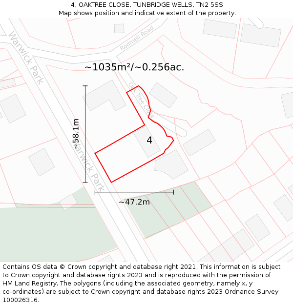 4, OAKTREE CLOSE, TUNBRIDGE WELLS, TN2 5SS: Plot and title map