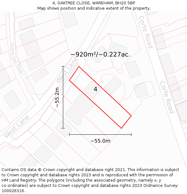 4, OAKTREE CLOSE, WAREHAM, BH20 5BP: Plot and title map