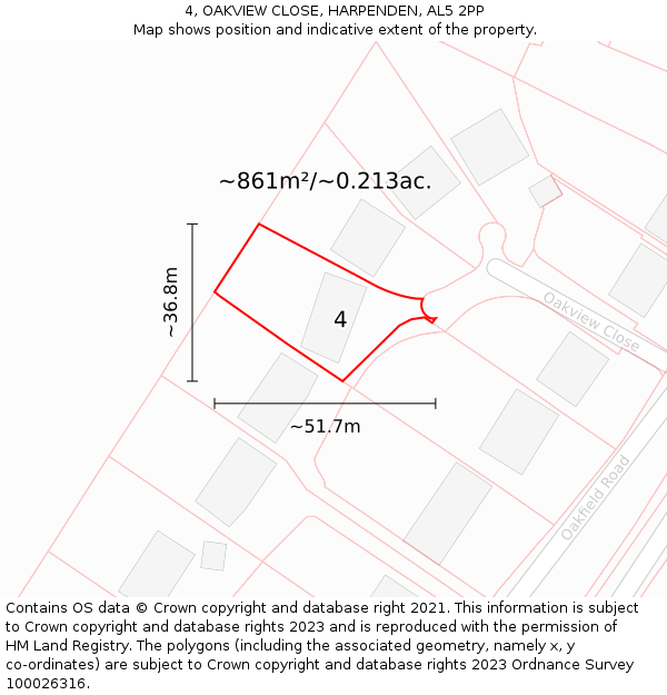 4, OAKVIEW CLOSE, HARPENDEN, AL5 2PP: Plot and title map