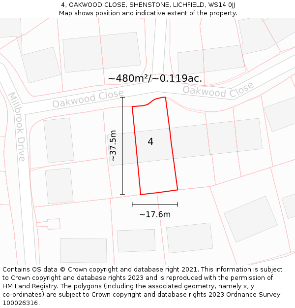4, OAKWOOD CLOSE, SHENSTONE, LICHFIELD, WS14 0JJ: Plot and title map