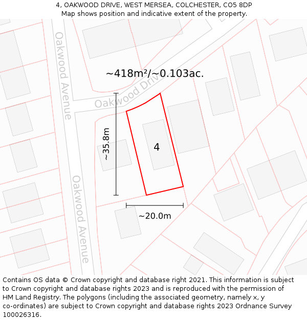 4, OAKWOOD DRIVE, WEST MERSEA, COLCHESTER, CO5 8DP: Plot and title map