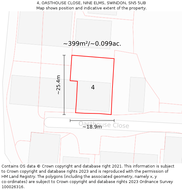 4, OASTHOUSE CLOSE, NINE ELMS, SWINDON, SN5 5UB: Plot and title map