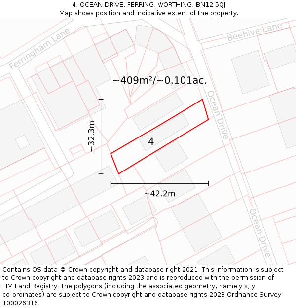 4, OCEAN DRIVE, FERRING, WORTHING, BN12 5QJ: Plot and title map