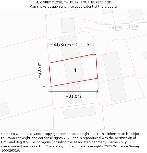 4, OGREY CLOSE, THURLBY, BOURNE, PE10 0QD: Plot and title map