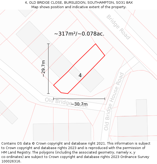 4, OLD BRIDGE CLOSE, BURSLEDON, SOUTHAMPTON, SO31 8AX: Plot and title map