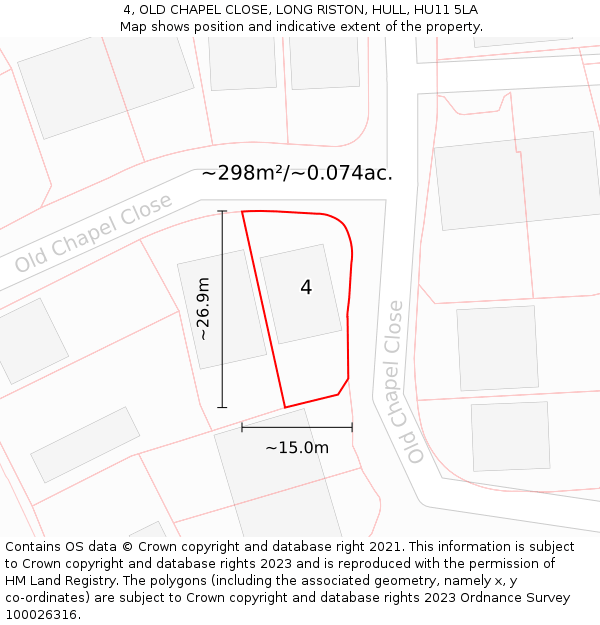 4, OLD CHAPEL CLOSE, LONG RISTON, HULL, HU11 5LA: Plot and title map