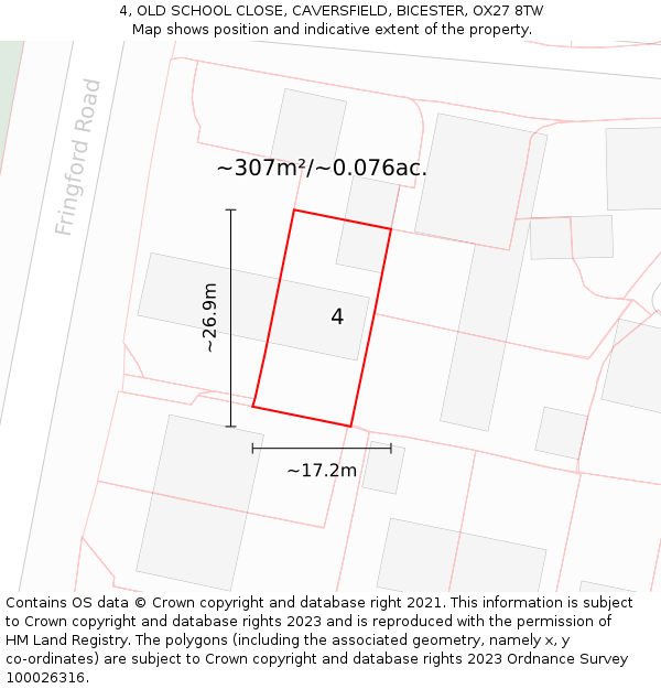 4, OLD SCHOOL CLOSE, CAVERSFIELD, BICESTER, OX27 8TW: Plot and title map