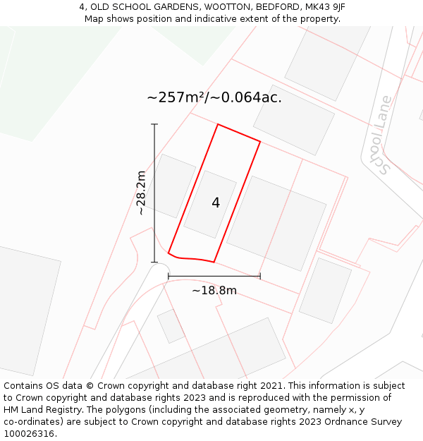 4, OLD SCHOOL GARDENS, WOOTTON, BEDFORD, MK43 9JF: Plot and title map