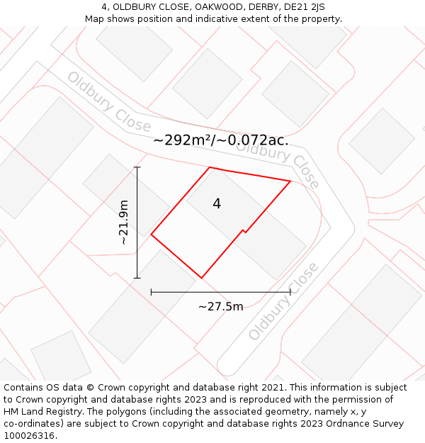 4, OLDBURY CLOSE, OAKWOOD, DERBY, DE21 2JS: Plot and title map