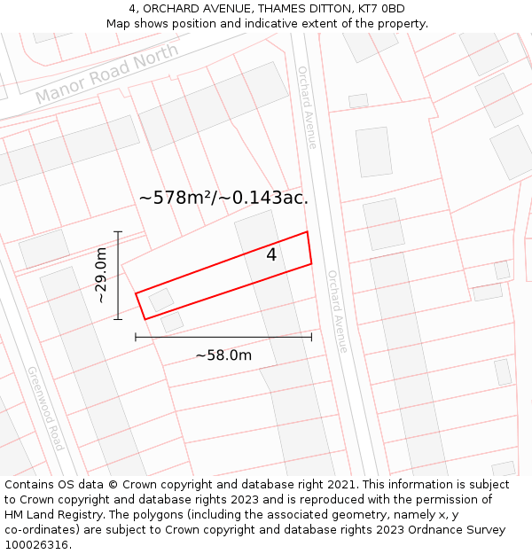 4, ORCHARD AVENUE, THAMES DITTON, KT7 0BD: Plot and title map