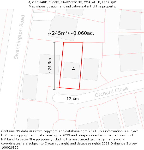 4, ORCHARD CLOSE, RAVENSTONE, COALVILLE, LE67 2JW: Plot and title map
