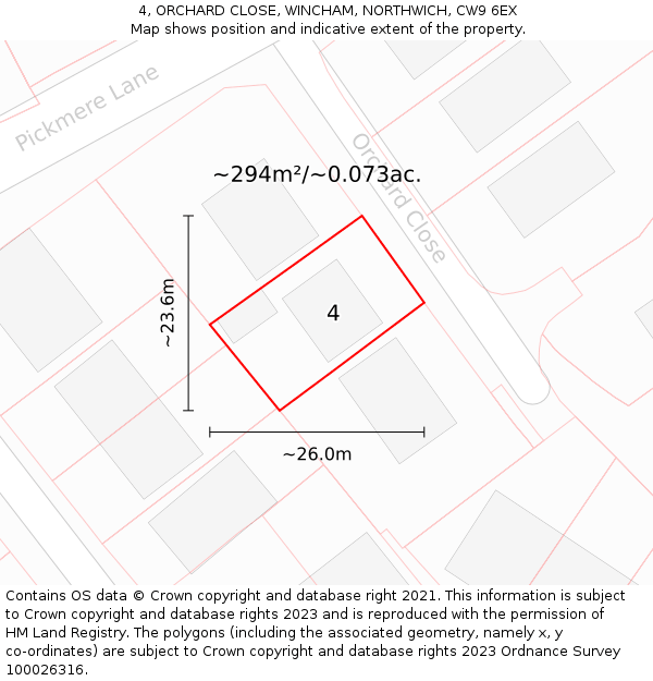 4, ORCHARD CLOSE, WINCHAM, NORTHWICH, CW9 6EX: Plot and title map