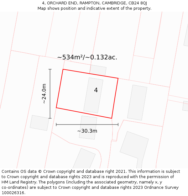 4, ORCHARD END, RAMPTON, CAMBRIDGE, CB24 8QJ: Plot and title map