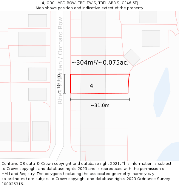 4, ORCHARD ROW, TRELEWIS, TREHARRIS, CF46 6EJ: Plot and title map