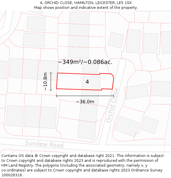 4, ORCHID CLOSE, HAMILTON, LEICESTER, LE5 1SX: Plot and title map