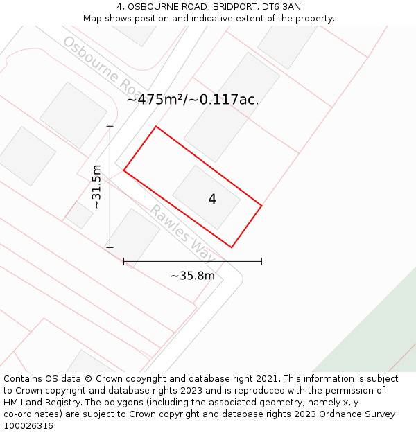 4, OSBOURNE ROAD, BRIDPORT, DT6 3AN: Plot and title map