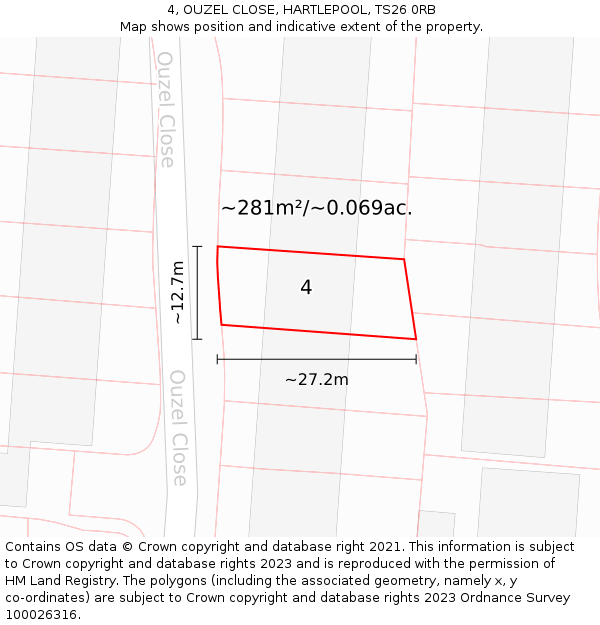 4, OUZEL CLOSE, HARTLEPOOL, TS26 0RB: Plot and title map