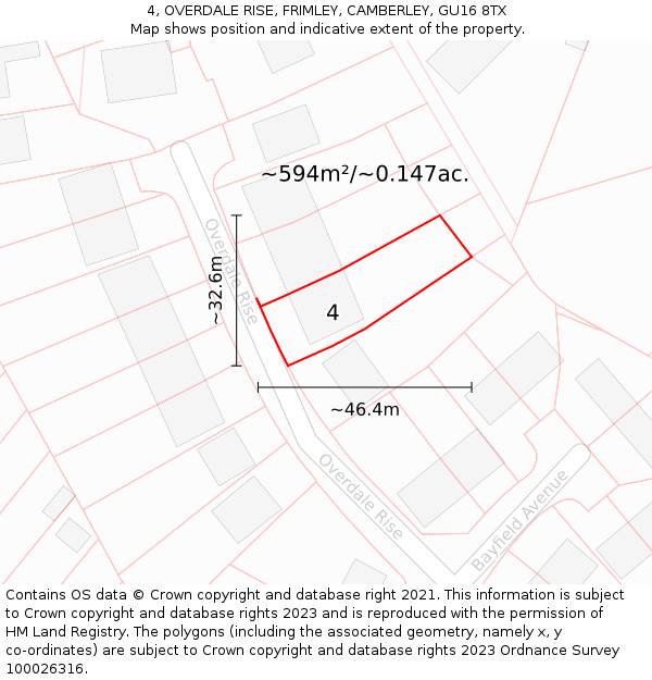 4, OVERDALE RISE, FRIMLEY, CAMBERLEY, GU16 8TX: Plot and title map