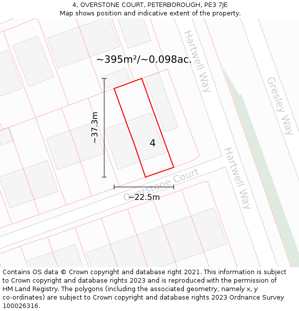 4, OVERSTONE COURT, PETERBOROUGH, PE3 7JE: Plot and title map