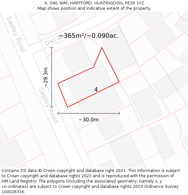 4, OWL WAY, HARTFORD, HUNTINGDON, PE29 1YZ: Plot and title map