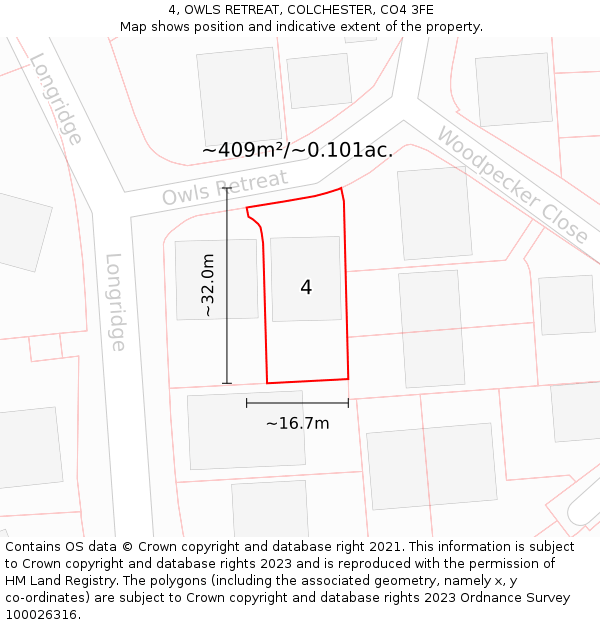 4, OWLS RETREAT, COLCHESTER, CO4 3FE: Plot and title map