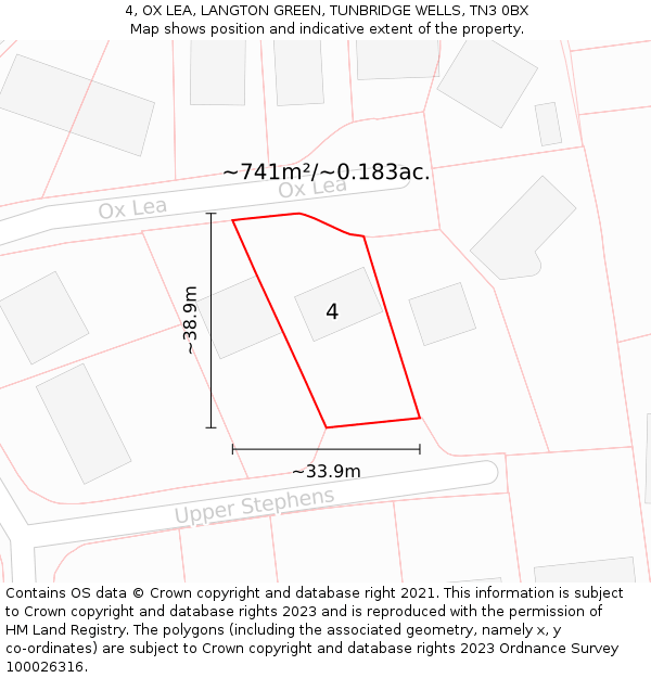 4, OX LEA, LANGTON GREEN, TUNBRIDGE WELLS, TN3 0BX: Plot and title map