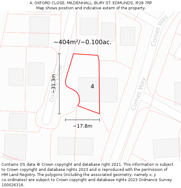 4, OXFORD CLOSE, MILDENHALL, BURY ST. EDMUNDS, IP28 7RP: Plot and title map
