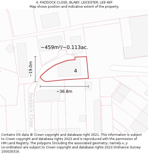 4, PADDOCK CLOSE, BLABY, LEICESTER, LE8 4EP: Plot and title map