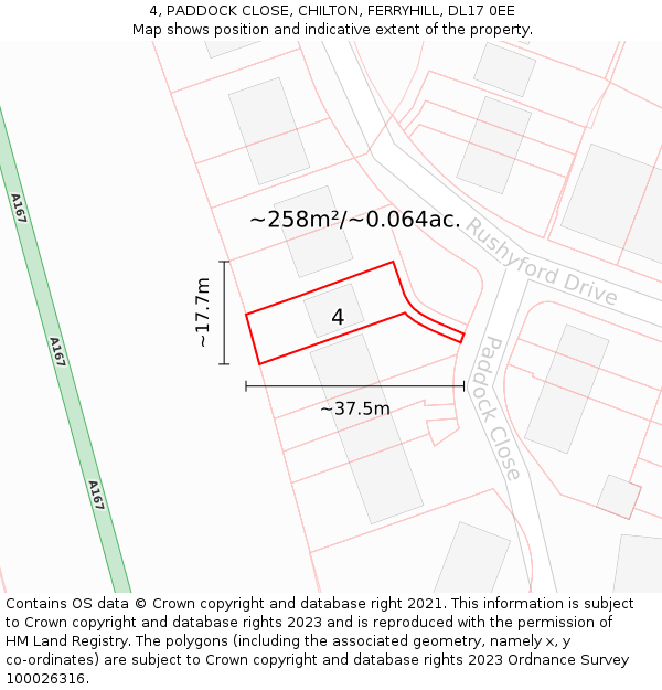 4, PADDOCK CLOSE, CHILTON, FERRYHILL, DL17 0EE: Plot and title map