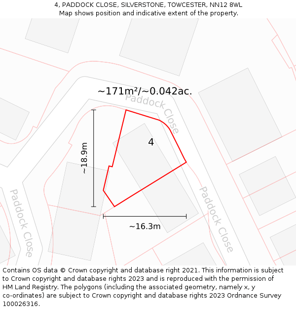 4, PADDOCK CLOSE, SILVERSTONE, TOWCESTER, NN12 8WL: Plot and title map