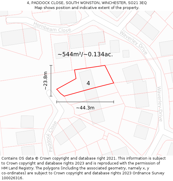 4, PADDOCK CLOSE, SOUTH WONSTON, WINCHESTER, SO21 3EQ: Plot and title map