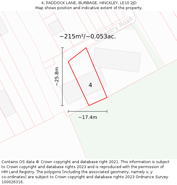 4, PADDOCK LANE, BURBAGE, HINCKLEY, LE10 2JD: Plot and title map