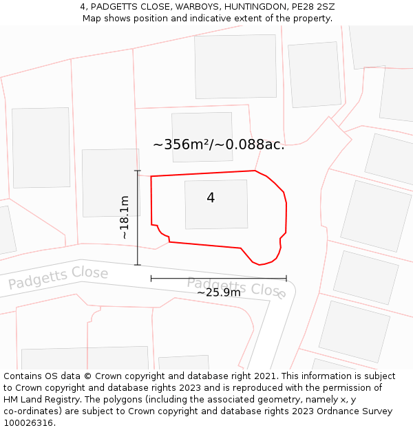 4, PADGETTS CLOSE, WARBOYS, HUNTINGDON, PE28 2SZ: Plot and title map