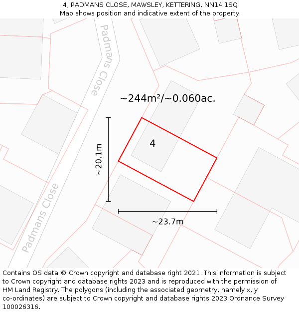 4, PADMANS CLOSE, MAWSLEY, KETTERING, NN14 1SQ: Plot and title map