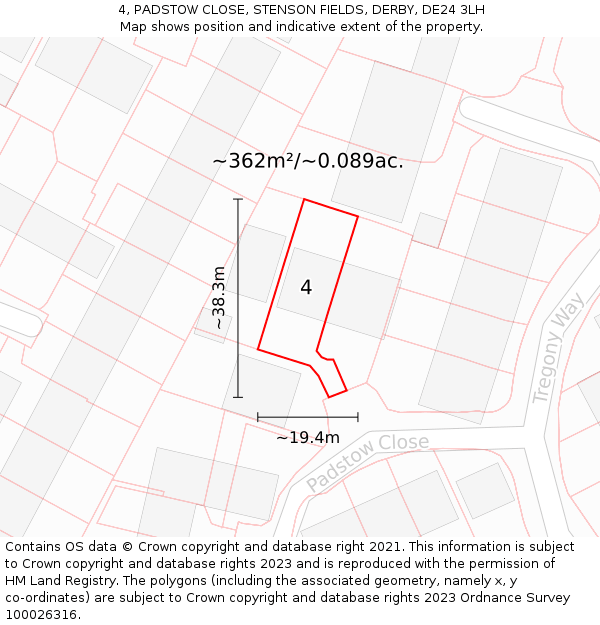 4, PADSTOW CLOSE, STENSON FIELDS, DERBY, DE24 3LH: Plot and title map