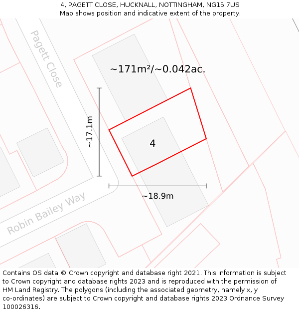 4, PAGETT CLOSE, HUCKNALL, NOTTINGHAM, NG15 7US: Plot and title map