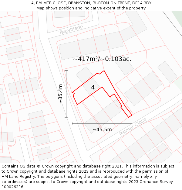 4, PALMER CLOSE, BRANSTON, BURTON-ON-TRENT, DE14 3DY: Plot and title map