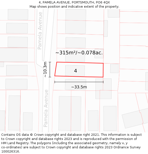 4, PAMELA AVENUE, PORTSMOUTH, PO6 4QX: Plot and title map