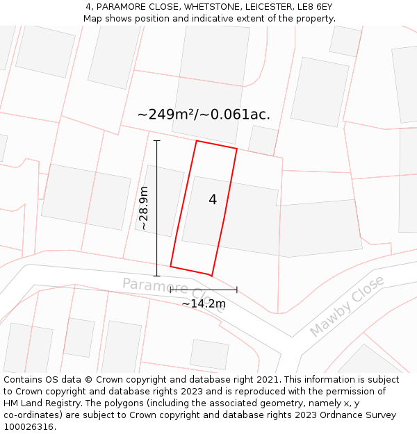4, PARAMORE CLOSE, WHETSTONE, LEICESTER, LE8 6EY: Plot and title map