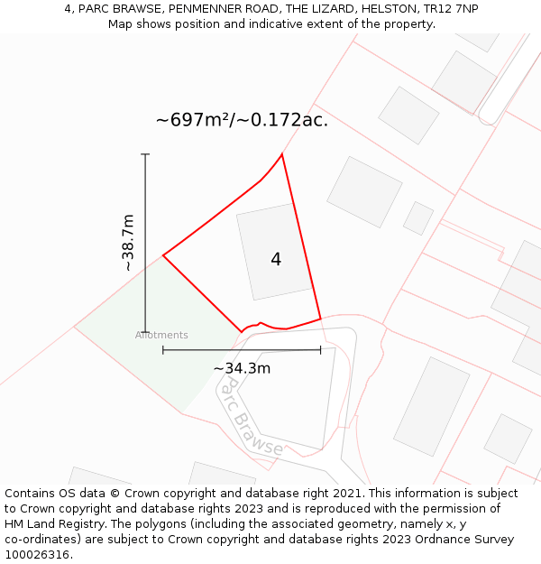 4, PARC BRAWSE, PENMENNER ROAD, THE LIZARD, HELSTON, TR12 7NP: Plot and title map