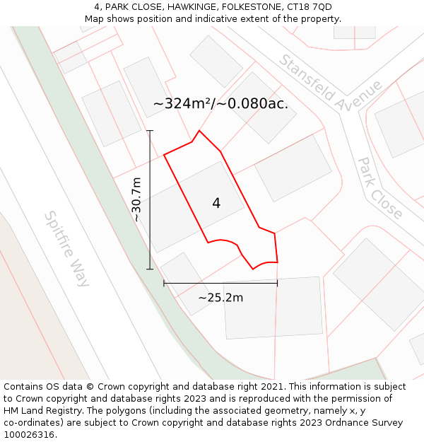 4, PARK CLOSE, HAWKINGE, FOLKESTONE, CT18 7QD: Plot and title map