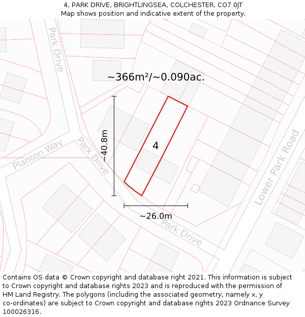 4, PARK DRIVE, BRIGHTLINGSEA, COLCHESTER, CO7 0JT: Plot and title map