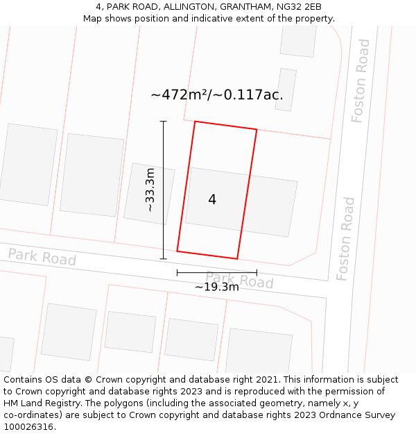 4, PARK ROAD, ALLINGTON, GRANTHAM, NG32 2EB: Plot and title map