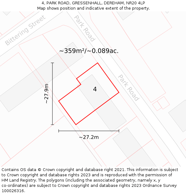 4, PARK ROAD, GRESSENHALL, DEREHAM, NR20 4LP: Plot and title map