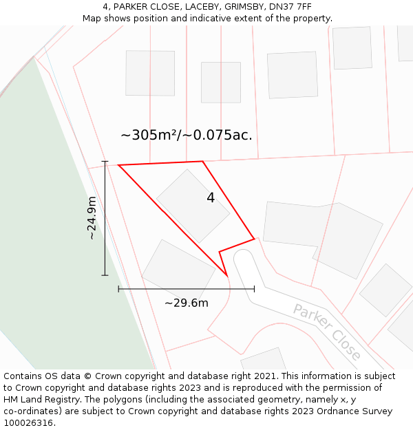 4, PARKER CLOSE, LACEBY, GRIMSBY, DN37 7FF: Plot and title map