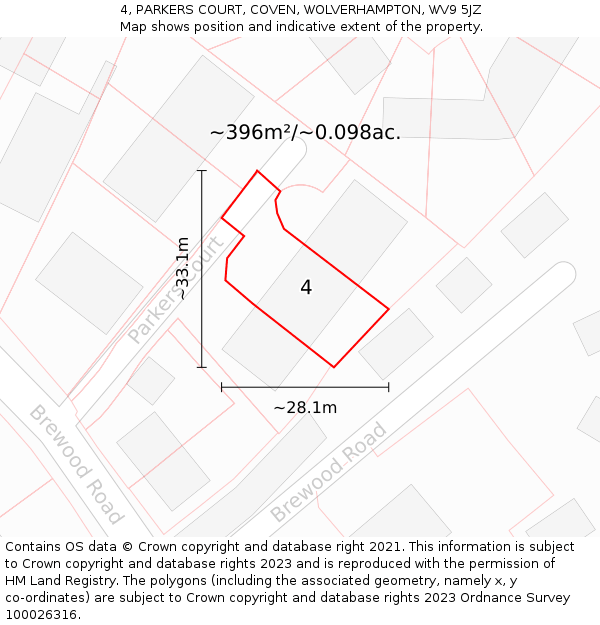 4, PARKERS COURT, COVEN, WOLVERHAMPTON, WV9 5JZ: Plot and title map