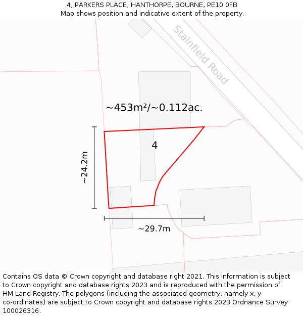 4, PARKERS PLACE, HANTHORPE, BOURNE, PE10 0FB: Plot and title map