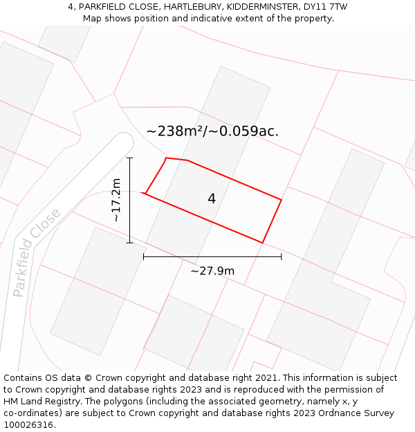 4, PARKFIELD CLOSE, HARTLEBURY, KIDDERMINSTER, DY11 7TW: Plot and title map