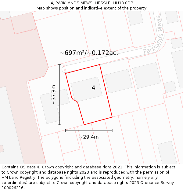 4, PARKLANDS MEWS, HESSLE, HU13 0DB: Plot and title map